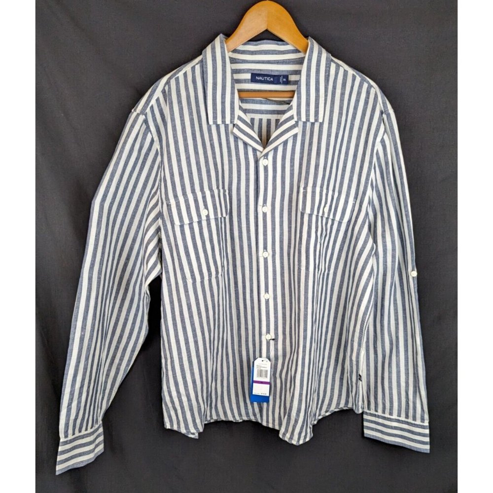 Nautica Mens Linen XXL Blue/White Stripe Button Up Dress Shirt Rolled Sleeve NWT
